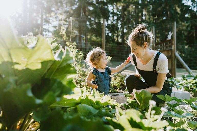 Erdbeerpflanzen pflege: Kind sitzt mit Mutter neben Beet und nascht
