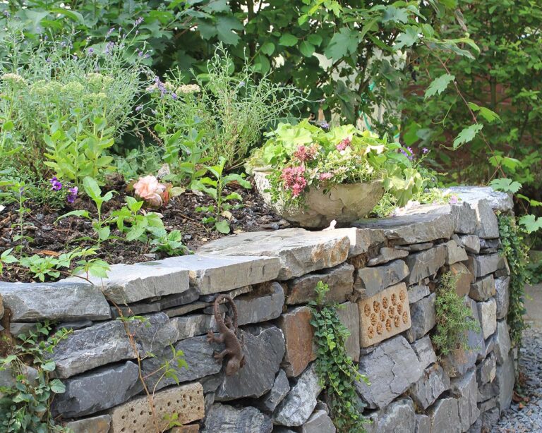 Trockenmauer mit Blumen